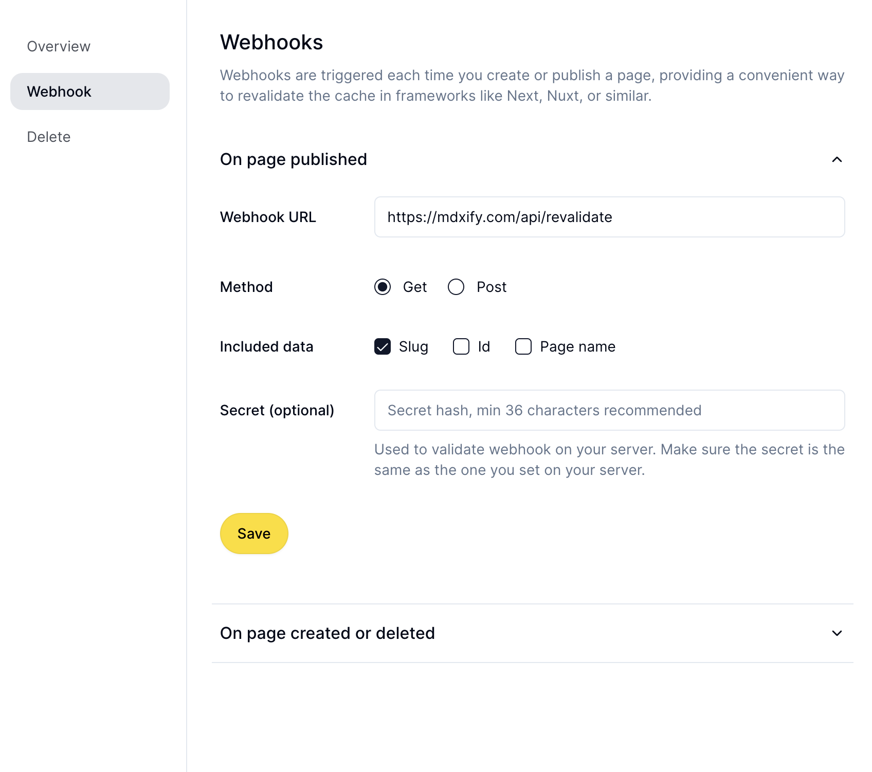 Screenshot showing Webhooks on settings page